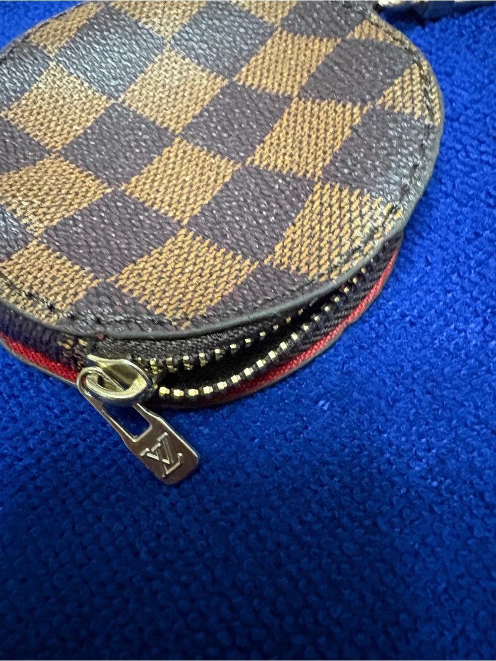 Designer-Inspired Brown Checkered Round Coin Pouch with Red Trim
